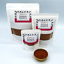 Load image into Gallery viewer, Image of Sashi's Paneer Masala in 3 packet sizes of 50g, 150g, and 200g. With some masala in a gold coloured metal bowl