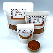Load image into Gallery viewer, Image of Sashi&#39;s Chicken Masala in 3 packet sizes of 50g, 150g, and 200g. With some masala in a gold coloured metal bowl
