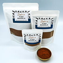 Load image into Gallery viewer, Image of Sashi&#39;s Fish Masala in 3 packet sizes of 50g, 150g, and 200g. With some masala in a gold coloured metal bowl
